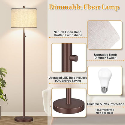 Nintiue 【Upgraded】 Dimmable Floor Lamp for Living Room, 11W LED Bulb Included, Modern Standing Lamp, Tall Pole Light with Linen Shade for Bedroom Reading Office Corner Nursery-Matte Brown