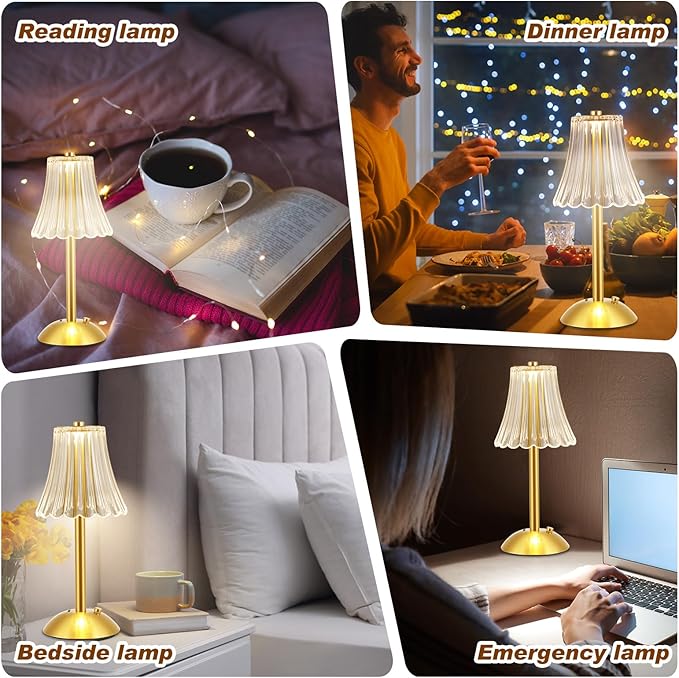 Liliful 6 Pcs Cordless Table Lamp Rechargeable Touch LED Small Gold Portable Battery Operated USB-c Desk Lamp 3 Color Dimmable for Bedroom Living Room Dining (Gold,Rose Style)