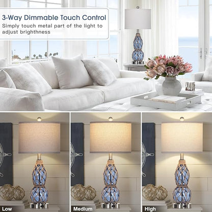 26" Coastal Glass Table Lamps Set of 2, 3-Way Dimmable Touch Lamps with USB Ports and AC Outlet, Nautical Bedside Lamps for Bedroom Living Room