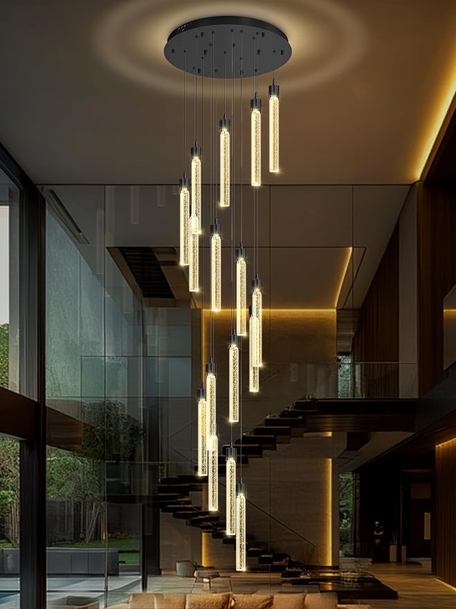 H125'' Modern Crystal Chandeliers for Entryway 18-Lights LED Dimmable Chandeliers Lighting Fixture Large Pendant Light for Staircaes Living Room Villa