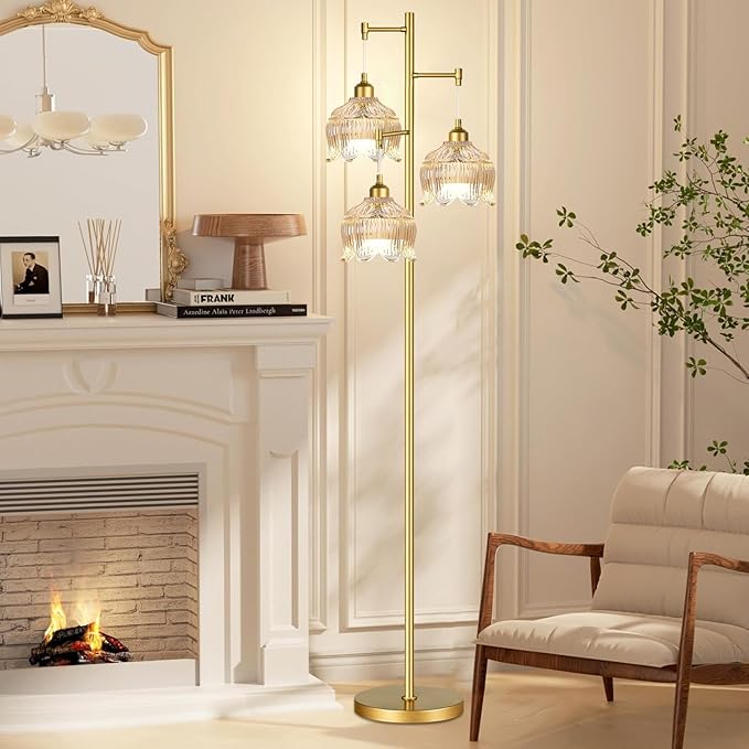 Glass Floor Lamp for Living Room,Bedroom,Mid Century Modern Standing Lamp Black Tree 3 Light Tall Floor Lamps Vintage Retro Floor Lights Green Lamp Shade Farmhouse Boho Bohemian