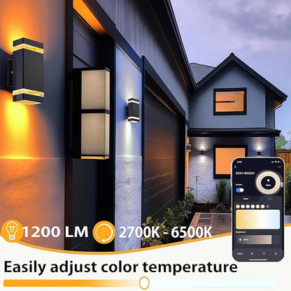 Up and Down Outdoor Wall Light, RGB Color Changing Wall Lights,App&Voice Control, ETL Listed, Black Square Design, House Wall Sconce 6500K, Outdoor Exterior Lights for Porch, Garage