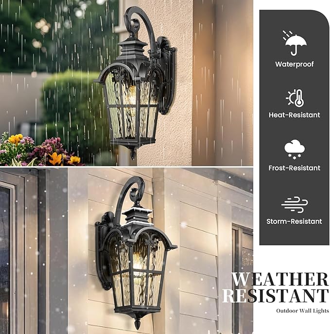 Outdoor Wall Sconce Lights Black Anti-Rust Wall Mount Light with Water Ripple Glass Aluminum Exterior Lights for Garager Doorway and Patio E26 Socket and Waterproof