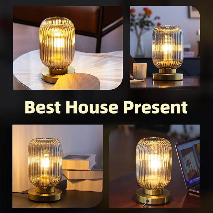 Bedside Table Lamp with Glass Shade, Small Nightlight Lamp Elegant Gray Ribbed Glass Nightstand Lamp Modern Desk Lamp with Plug-in Style for Bedroom Living Room Tabletop Dia5.9 x H9.8