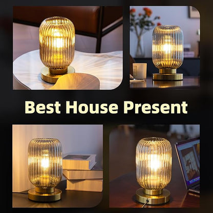 Bedside Table Lamp with Glass Shade, Small Nightlight Lamp Elegant Gray Ribbed Glass Nightstand Lamp Modern Desk Lamp with Plug-in Style for Bedroom Living Room Tabletop Dia5.9 x H9.8