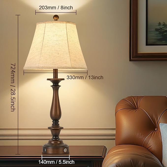 AIDENOEY 28.5" Traditional Table Lamp Set of 2, Rustic Farmhouse Table Lamps for Living Room Bedroom, Bedside Desk Lamps Vintage Nightstand Lamps with Silk Fabric Shades,Antique Copper Table Lamp