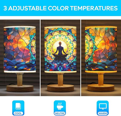 Yoga Table Lamp LED 3-Color Pressed Bedside, Yoga Shade Lamp with Wood Base for Bedroom Living Room Desk Office TL01