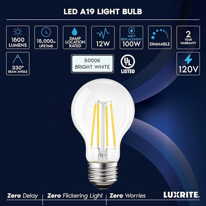 LUXRITE Vintage A19 LED Light Bulbs 100 Watt Equivalent, 1600 Lumens, 5000K Bright White, Dimmable Edison Light Bulbs, 12W, Damp Rated, UL Listed, Clear Glass Filament Bulb, E26 Medium Base (6 Pack)