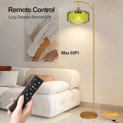 Gold Floor Lamps for Living Room Bedroom,Glass Floor Lamp with Remote Control & Green Lampshade,Arc Dimmable Floor Lamp Mid Century Modern Standing Lamp Vintage Tall Floor Lamps for Bedroom Corner