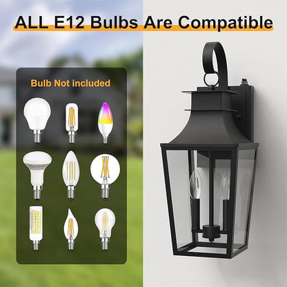 20.98-INCH Outdoor Wall Lights 2-Light, Waterproof Exterior Light Fixtures Wall Mount Outside Light with Glass, Dusk to Dawn Outdoor Wall Lantern for Porch, House, Garage, Black