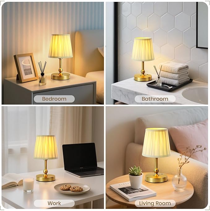 Cordless LED Table Lamp with Dimmer - 5200mAh Rechargeable Battery Operated Lamp Included 2700K Bulb, Gold Portable Stepless Touch Night Light for Bedroom Patio Home (Pleated Fabric Shade)