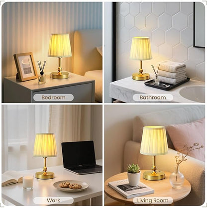 Cordless LED Table Lamp with Dimmer - 5200mAh Rechargeable Battery Operated Lamp Included 2700K Bulb, Gold Portable Stepless Touch Night Light for Bedroom Patio Home (Pleated Fabric Shade)