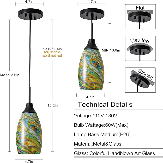 Mini Glass Pendant Light 4.72" Oval Pendant Lights 3-Pack Handblown Colorful Art Glass Hanging Pendant Light for Kitchen Island Dining Room Living Foyer Hallway Entry Matte Black Metal