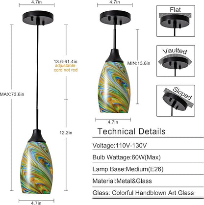 Mini Glass Pendant Light 4.72" Colorful Pattern Oval Pendant Lights 1-Pack Handblown Art Glass Hanging Pendant Light for Kitchen Island Dining Room Living Hallway Matte Black Metal