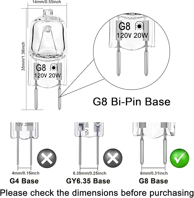 G8 Halogen Light Bulbs 20W 120V Under Cabinet Puck Lighting Replacements, T4 JCD Type G8 2Pin Base, 2700K Warm White, Dimmable, Pack of 12