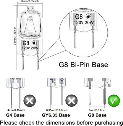 G8 Halogen Light Bulbs 20W 120V Under Cabinet Puck Lighting Replacements, T4 JCD Type G8 2Pin Base, 2700K Warm White, Dimmable, Pack of 12