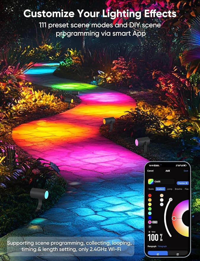APPECK Smart Outdoor Spot Light 600lm, RGBCW+IC Color Changing Landscape Lights 2 Pack, IP65 Waterproof Low Voltage Landscape Lighting, App/Voice Control for Garden Pathway Yard Christmas Decor
