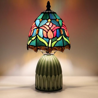 Tiffany Lamp Stained Glass Mushroom Table Lamps 6X6X12.5 Inch Blue Red Tulips Style Small Night Light Ceramic Base Mini Accent Desk Light Suitable for Bedside Table Bedroom Children Room