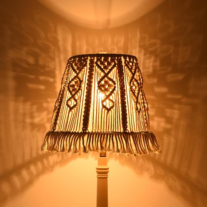 White-Ivory Boho Woven Lamp Shade Bell Tassels Lampshade 7.5``Top x 12``Bottom x 11``High(Spider) Medium Handmade Lamp Shades for Table & Bedside Lamp - Easy Assemble