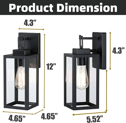 2 Pack Outdoor Sconce Lights-12 Inch Outdoor Wall Light,Exterior Sconce Steel and Glass Porch Light, Black Wall Lantern for Front Porch Garage Balcony