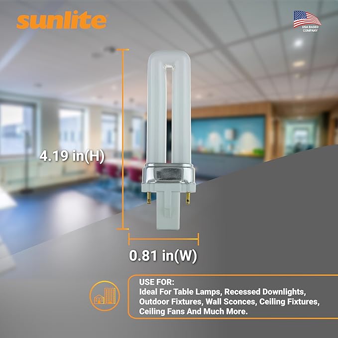 Sunlite PL7/SP27K Plugin U-Shaped Compact Fluorescent Lamp, 7 Watts, 360 Lumens, 2700K Soft White, 2-Pin (G23) Base, 10 Pack