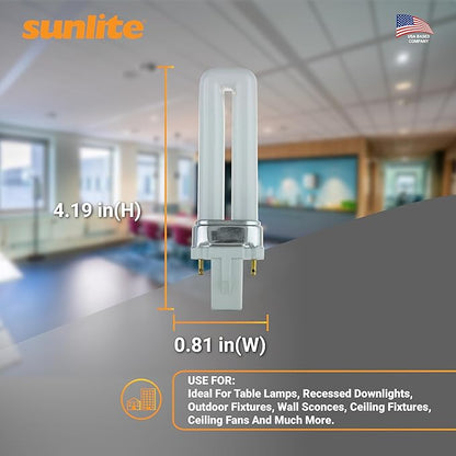 Sunlite PL7/SP27K Plugin U-Shaped Compact Fluorescent Lamp, 7 Watts, 360 Lumens, 2700K Soft White, 2-Pin (G23) Base, 10 Pack