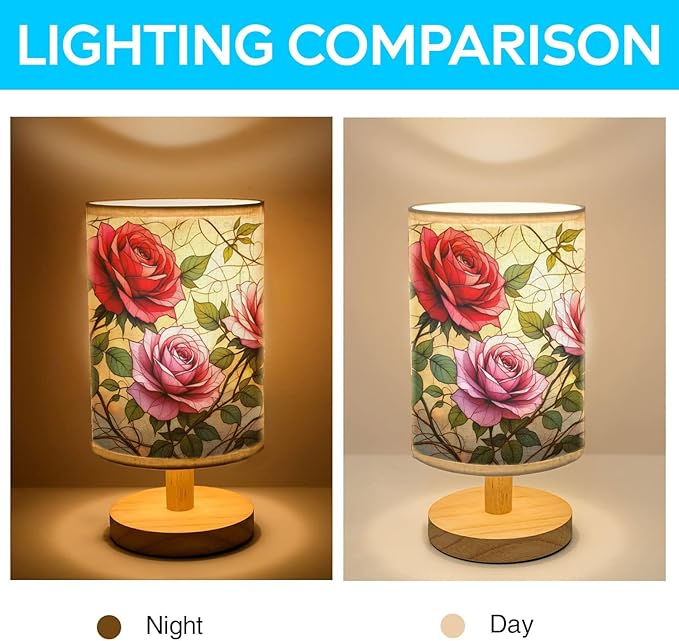 Rose Table Lamp LED 3-Color Pressed Bedside, Rose Shade Lamp with Wood Base for Bedroom Living Room Desk Office