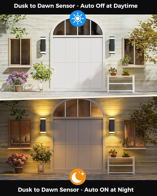 SHIMR Dusk to Dawn Outdoor Wall Light with Sensor 2 Pack, Waterproof Up and Down Outdoor Sconce Lights, Modern Black Aluminum Exterior Lighting Fixtures for Porch Patio Garage, LED Bulbs Included