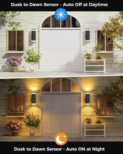 SHIMR Dusk to Dawn Outdoor Wall Light with Sensor, Waterproof Up and Down Exterior Wall Sconce, Modern Black Aluminum Outdoor Light Fixture for Porch Patio Garage, LED Bulbs Included