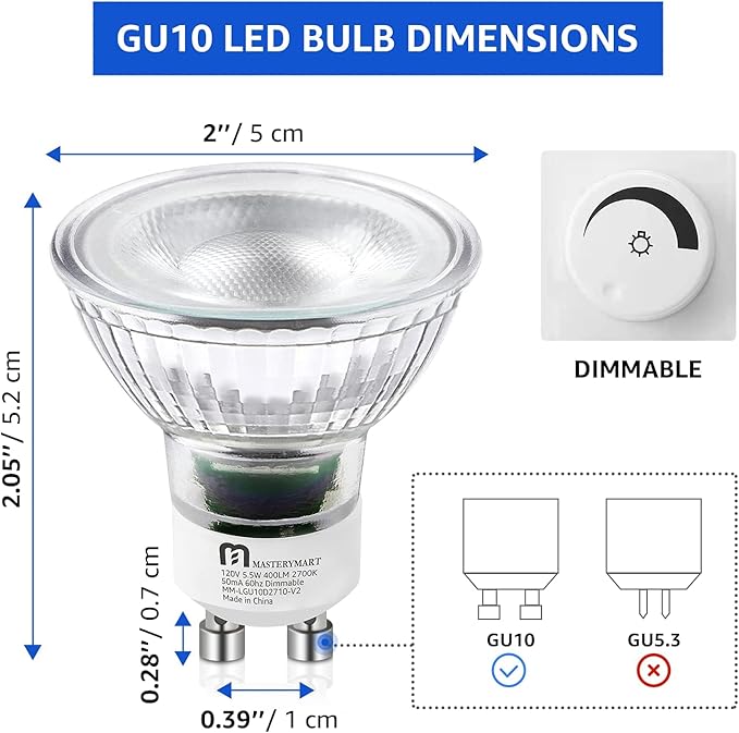MASTERY MART 24 Pack Dimmable GU10 LED Light Bulbs, 5.5W Bright 2700K Soft White 50W Halogen Equivalent, 400lm Energy Saver for Track Lighting Fixture, Kitchen, Basement, Living Room, 25000 Hour