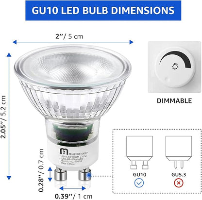 MASTERY MART 24 Pack Dimmable GU10 LED Light Bulbs, 5.5W Bright 2700K Soft White 50W Halogen Equivalent, 400lm Energy Saver for Track Lighting Fixture, Kitchen, Basement, Living Room, 25000 Hour
