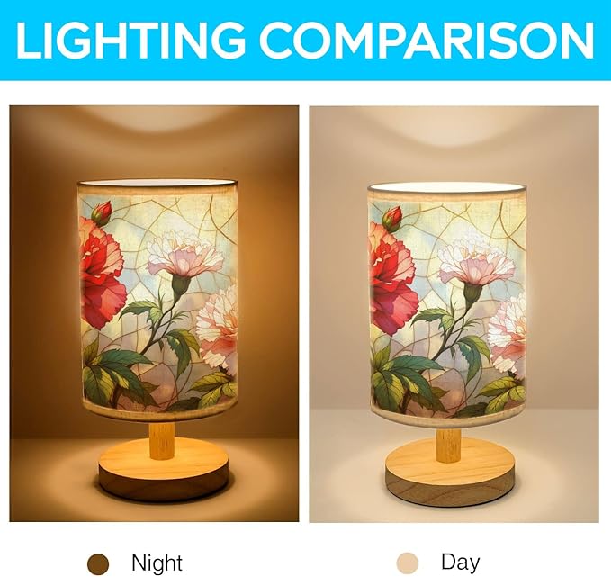 Carnation Table Lamp LED 3-Color Pressed Bedside, Carnation Shade Lamp with Wood Base for Bedroom Living Room Desk Office