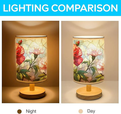 Carnation Table Lamp LED 3-Color Pressed Bedside, Carnation Shade Lamp with Wood Base for Bedroom Living Room Desk Office