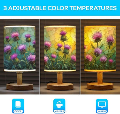 Thistle Table Lamp LED 3-Color Pressed Bedside, Thistle Shade Lamp with Wood Base for Bedroom Living Room Desk Office