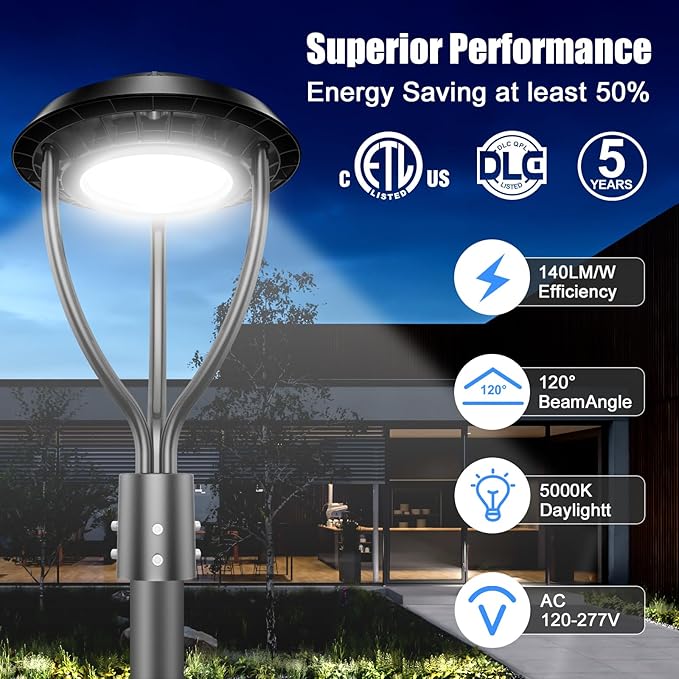 80W LED Post Top Light 80W 64W 48W Adjustable with Dusk to Dawn Photocell,12000LM 5000K Outdoor Pole Lights, IP65 Waterproof Outdoor Post Light Fixtures for Garden Yard ETL DLC Listed