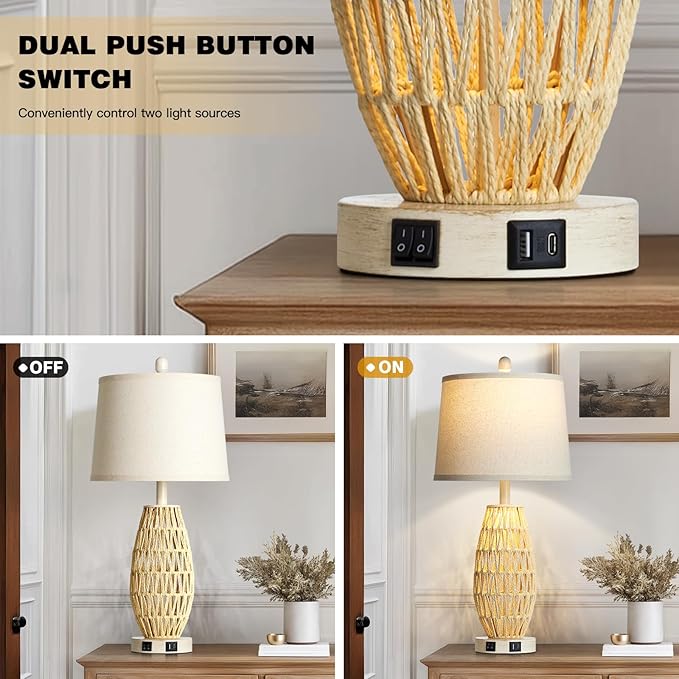 27" Beige Boho Rattan Lamps Set of 2, Coastal Natural Bedroom Table Lamps with Night Light, Woven Wicker Bedside Nightstand Lamp with USB A+C Charging Port, Farmhouse Lamp for Living Room
