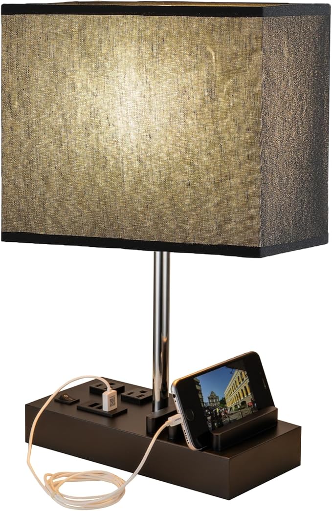 Briever USB Table Lamp, Multi-Functional Bedside Desk Lamp with 2 AC Outlets, 3 USB Charging Ports and Wooden Phone Stand Organizer, Ideal Nightstand Lamp for Bedroom, Black Shade
