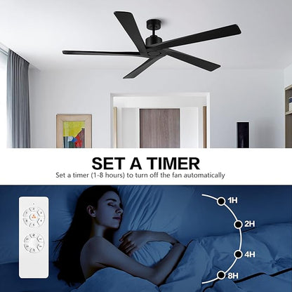 WINGBO 54 Inch DC Ceiling Fan without Lights, 5 Reversible Carved Solid Wood Blades, 6-Speed Noiseless DC Motor, Ceiling Fan No Light with Remote, Indoor Ceiling Fans in Matte Black Finish, ETL Listed