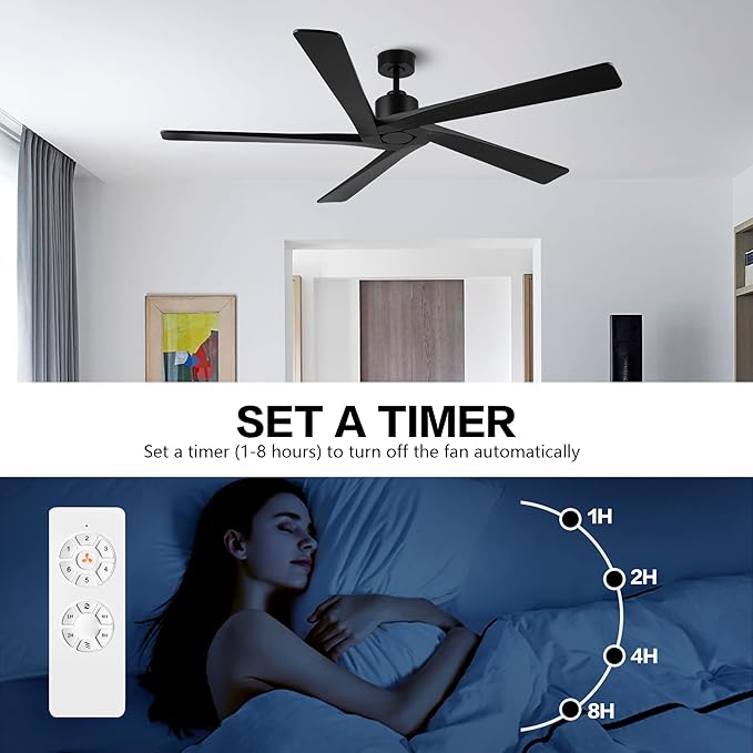 WINGBO 64 Inch DC Ceiling Fan without Lights, 5 Reversible Carved Solid Wood Blades, 6-Speed Noiseless DC Motor, Ceiling Fan No Light with Remote, Indoor Ceiling Fans in Matte Black Finish, ETL Listed