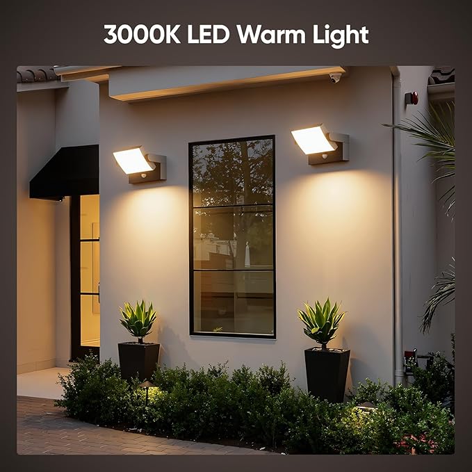 2 Pack 40W Motion Sensor Outdoor Wall Lights, 3000K Black LED Light Fixture, IP65 Waterproof Exterior Porch Light, 360 ° Adjustable Head Flood Wall Lighting for House