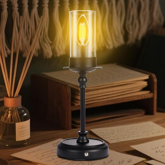 Vintage LED Candle Table Lamp: Cordless with Built-in Rechargeable Battery, Touch Control, Retro Decor Ambient Light for Restaurant, Patio, Bedroom, Desk & Bedside Night Lamps