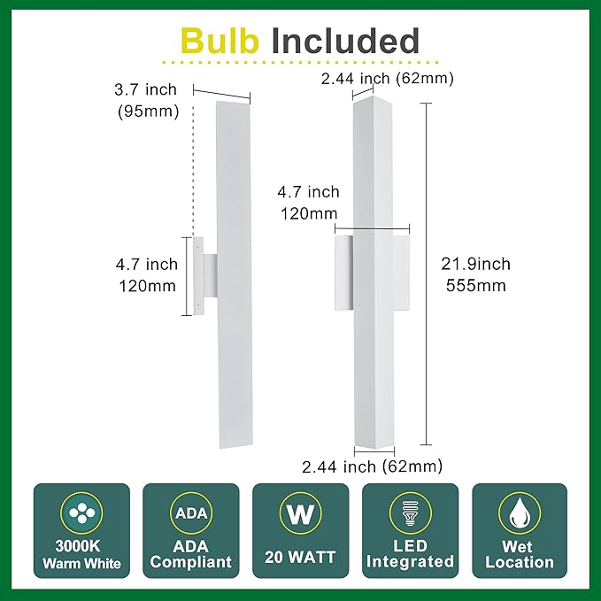2 Pack LED Outdoor Wall Lights Dimmable,20W 3000K,21.9" Modern Textured White Outdoor Wall Sconce, IP65 Waterproof, Linear Exterior Wall Light for Entrance, Hallway, Garage, Porch