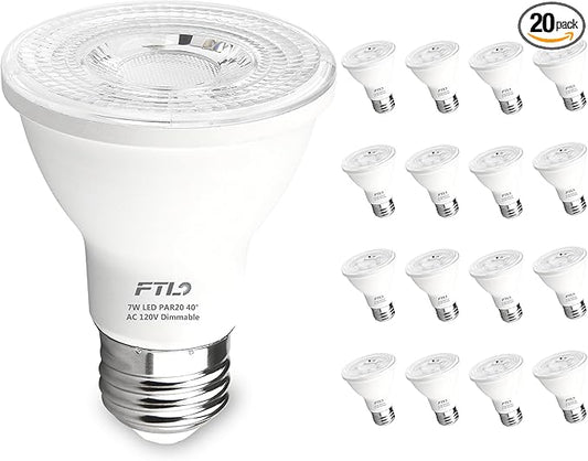 FTL 20-Pack PAR20 Led Bulbs 3000K, 7W 600LM Dimmable Warm White 50W 60W Equivalent, Flood Light Bulb Indoor Outdoor, E26 Spotlight for Recessed Lighting