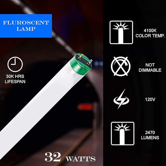 DYSMIO Case of 30 48 inch 32 Watts T8 High CRI Fluorescent Tube Light eco- Friendly Replacement Bulbs with Alto II Technology- 30 Pack, 4000K - Cool White