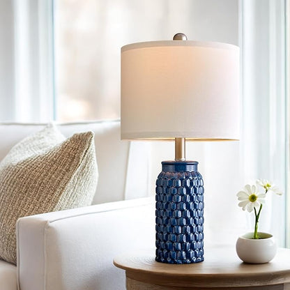 20.5" Set of 2 Bedside Table Lamps Modern Blue Honeycomb Ceramic - Linen Shade, E26 Knob Switch for Living Room, Bedroom & Nightstand