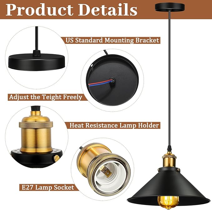 Retisee 6 Pieces Industrial Pendant Lights E26 E27 Base Black Farmhouse Lampshade for Hanging Light Vintage Metal Shade Fixtures Barn for Kitchen Dining Room Home Bar Foyer