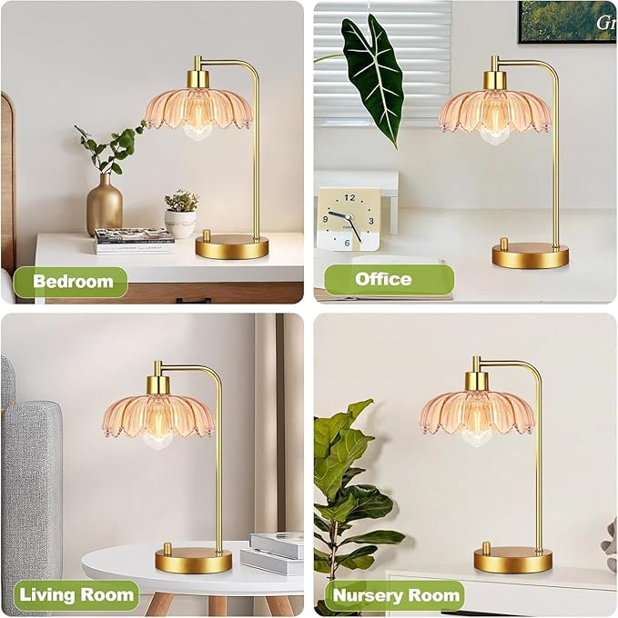 Glass Table Lamp Set of 2,Small Gold Bedside Lamps Dimmable Boho Bedroom Lamp with Tulip Flower Amber Lamp Shade,Vintage Mid Century Modern Mini Nightstand Lamp for Bedroom Living Room