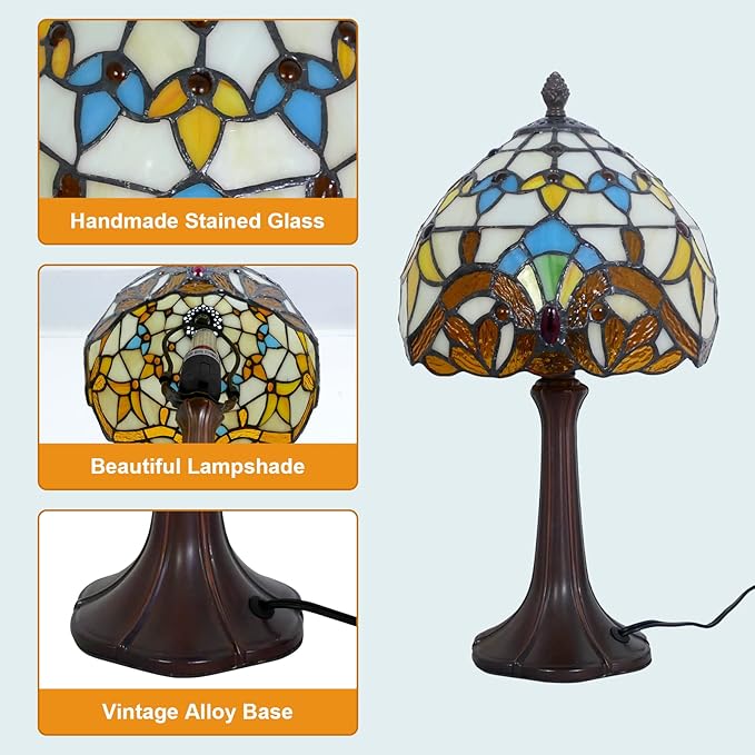 Tiffany Table Lamp Beige Baroque 8 Inch Wide Vintage Bedside Table Lamp Night Light Stained Glass Lamp Antique Art Craft Gifts Alloy Base 15 Inch Tall Vintage Reading Lamp