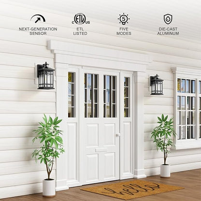 Motion Sensor Outdoor Lights, Black Dusk to Dawn Outdoor Lighting with Tempered Glass, Aluminum Waterproof Anti-Rust Outside Wall Light Fixtures, Adjustable Sensitivity & Brightness, Hardwired
