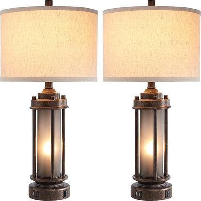 Set of 2 Farmhouse Lamps for Living Room, Rustic Vintage Bedroom Nightstand Table Lamp with 2 USB Charging Ports, Built-In Frosted Glass Night Light for End Table Entryway, 4 Bulbs Included (Bronze)
